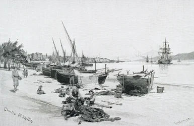 メッシーナ海峡、イタリアのエトナ山、「絵のような地中海」第3巻、カッセルアンドカンパニー発行、1880年代〜90年代